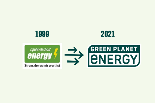 Die Logos wandeln sich von „Greenpeace Energy“ (1999) mit „Strom, der es mir wert ist“ zu „Green Planet Energy“ (2021), dargestellt durch Pfeile auf hellem Hintergrund.