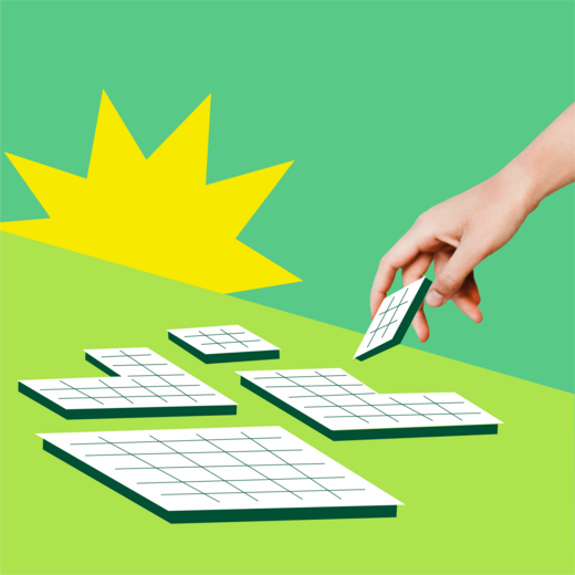 Das grafische Bild zeigt eine Solaranlage, deren Solarzellen von einer Hand platziert werden. Der Hintergrund ist grün mit einer gelben sonnenähnlichen Form.