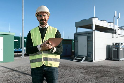 Mann mit weißem Bauhelm, gelber Warnweste und Klemmbrett in den Armen steht vor einer Art Container. Das Umfeld sieht industriell und technisch aus. Im Hintergrund sind Windräder zu sehen.