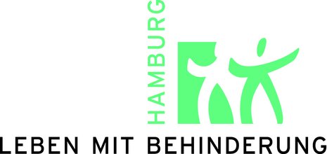 Zwei stilisierte, grüne Figuren stehen nebeneinander auf einem weißen Hintergrund. Der Text "HAMBURG" steht vertikal, "LEBEN MIT BEHINDERUNG" horizontal darunter. Umgebung neutral.
