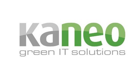 Logo von kaneo, grüne und graue Schrift, „green IT solutions“ darunter. Der Hintergrund ist weiß. Das Design vermittelt Umweltfreundlichkeit und technologischen Fortschritt.
