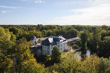 Drohnenansicht eines barocken Schlosses umgeben von Bäumen bei Sonnenschein.