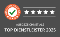Top-Dienstleister Zertifikat von Ausgezeichnet.org mit fünf weißen Sternen. Darunter steht das Jahr 2023 geschrieben.