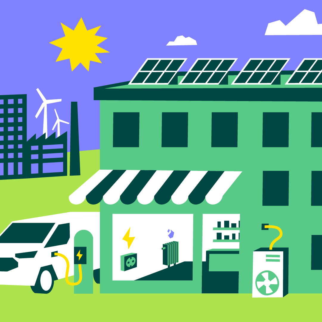 Ein grünes Gebäude mit Solarpanelen auf dem Dach nutzt erneuerbare Energien. Ein Elektrofahrzeug lädt an einer Ladestation. Im Hintergrund sind Windturbinen und ein Industriebau zu sehen.