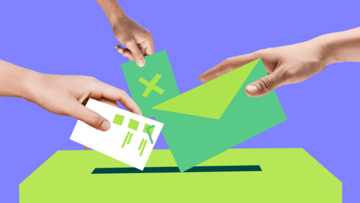 Illustrierte Grafik vor grünem Hintergrund. Drei verschiedene Hände werfen Umschläge und Zettel in einen Kasten mit Schlitz.