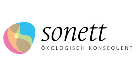 Ein farbenfrohes, organisches Logo symbolisiert Nachhaltigkeit. Darunter steht der Text „sonett ÖKOLOGISCH KONSEQUENT“ auf weißem Hintergrund. Das Design vermittelt ökologische Verantwortung und Markenidentität.