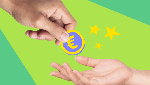 Hände halten Euro-Münzen vor grünem Hintergrund, symbolisieren Geldtransfer. Gelbe Sterne zieren das Bild, umgeben vom Wort „EURO“ auf der blauen Münze. Finanzen, Transfer, Transaktion.