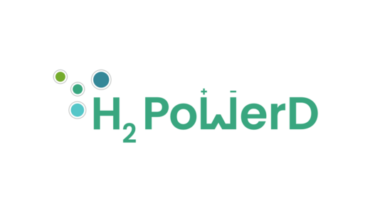 Logo mit dem Text "H? PowerD" zeigt stilisierte Wasserstoffatome links daneben. Die Farben sind Grün und Blau auf weißem Hintergrund. Textdarstellung betont Technologie und Nachhaltigkeit.