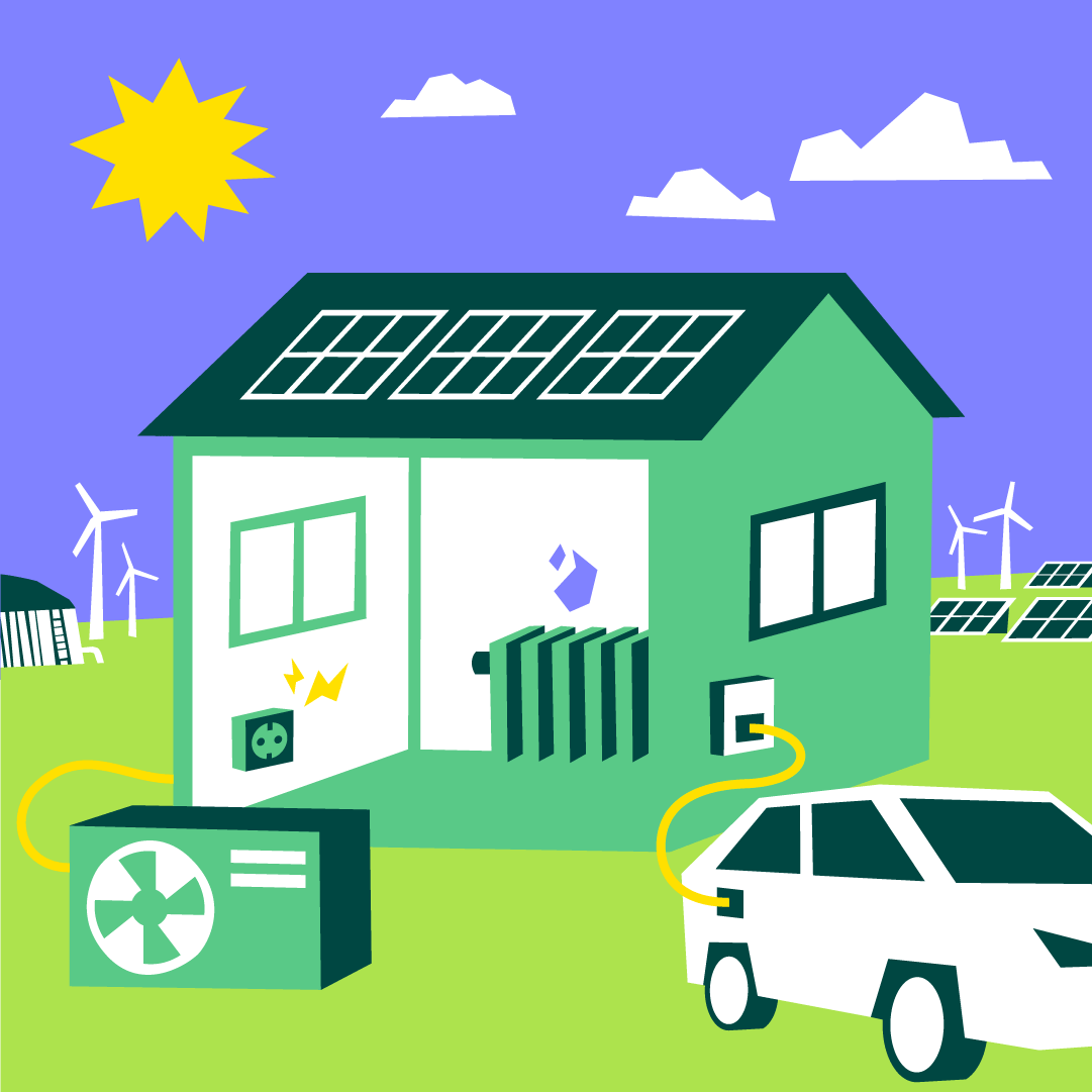 Ein grünes Haus mit Solarpanelen auf dem Dach versorgt ein Elektroauto und eine Wärmepumpe mit Energie. Windkraftanlagen und zusätzliche Solarpanels befinden sich in der Umgebung.